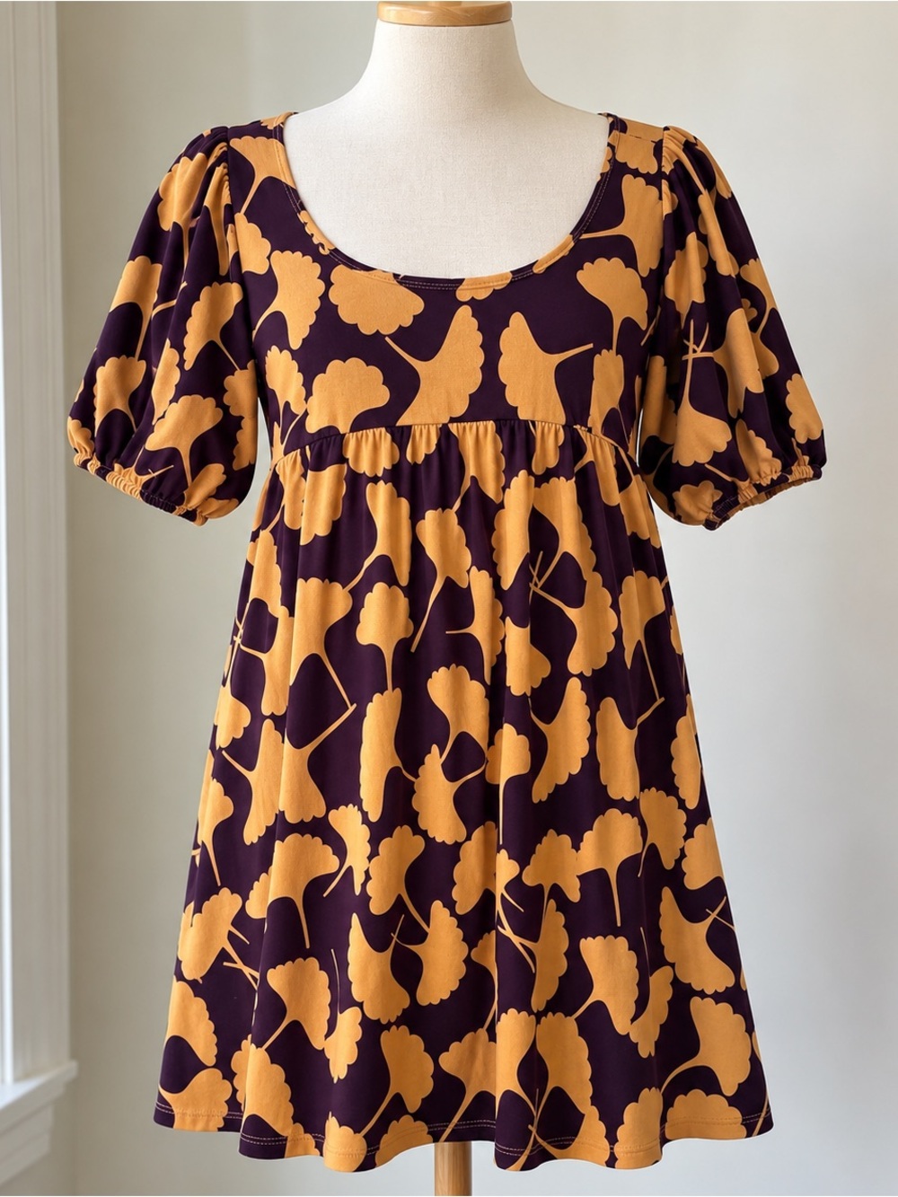GLAM Ginkgo Floral Babydoll Dress Purple Mustard Puff Sleeve Boho XS S